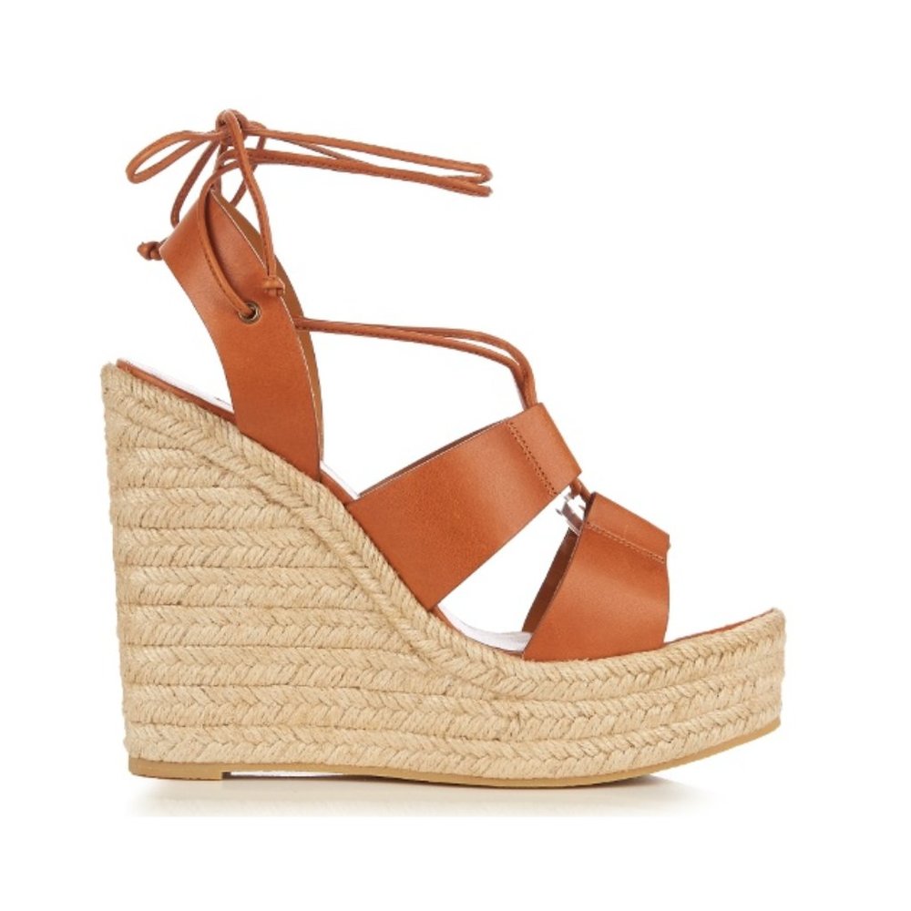Saint Laurent Leather Espadrille Wedge Brown Sz 39